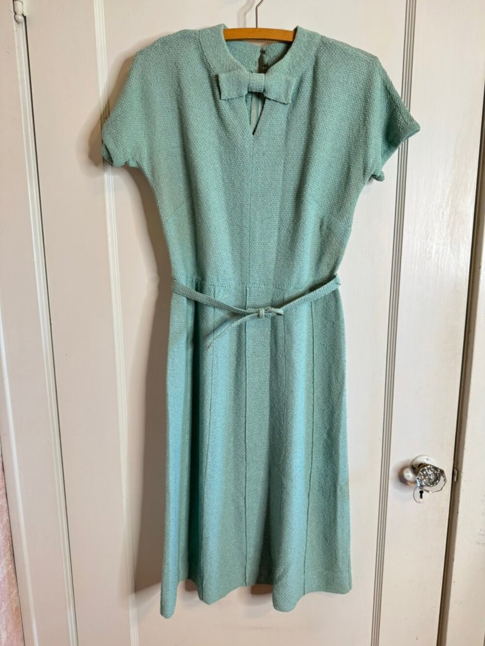 Vtg Mint Green Knit Short Sleeve Bow Dress 1940's sz XS